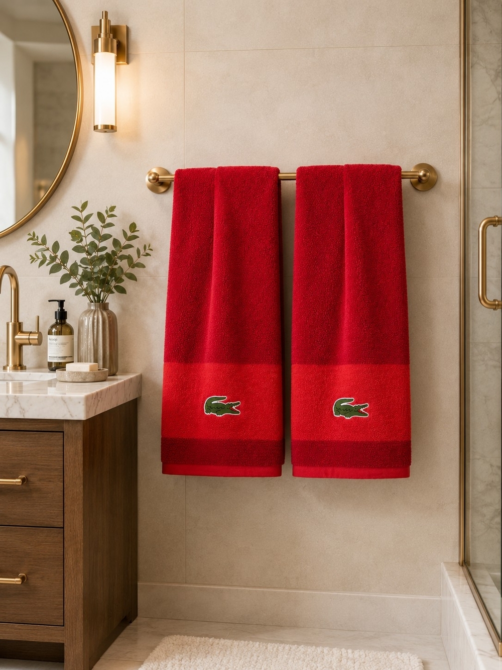 Lacoste Red Cotton Bath Towel - Embroidered Crocodile Logo